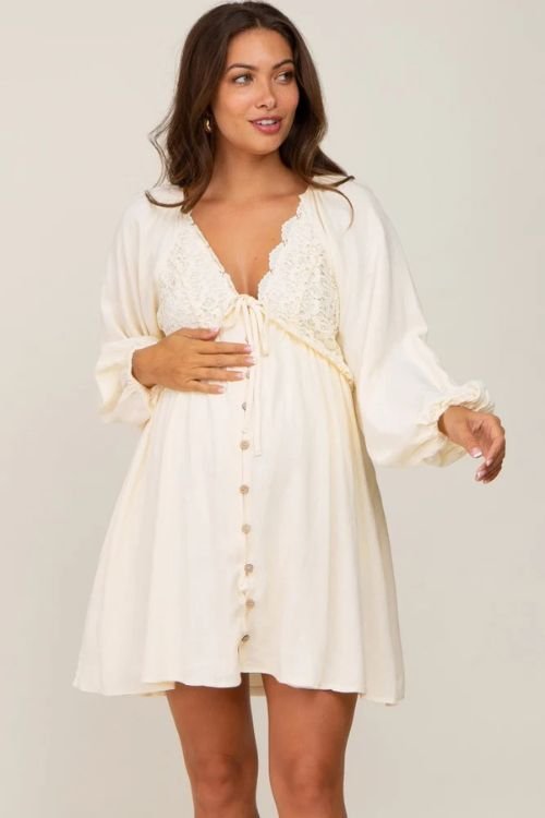 Beige crochet lace button front maternity dress