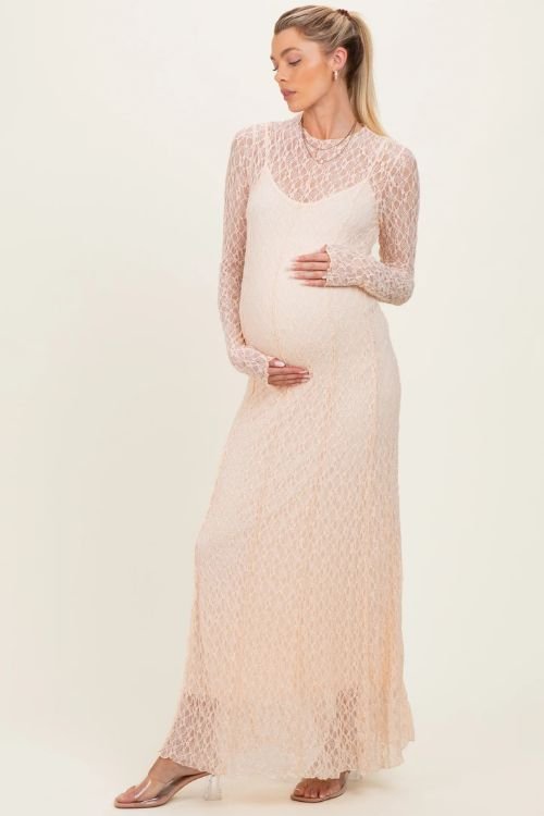 Beige lace mock neck long sleeve maternity maxi dress