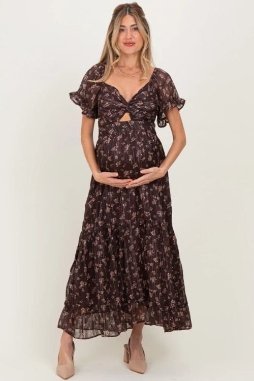 Brown floral twist front cutout maternity maxi dress
