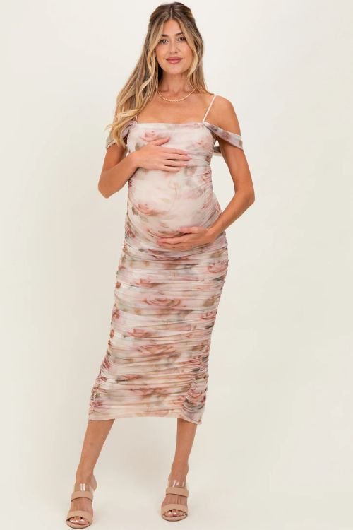 Cream rose floral off-the-shoulder maternity midi dress