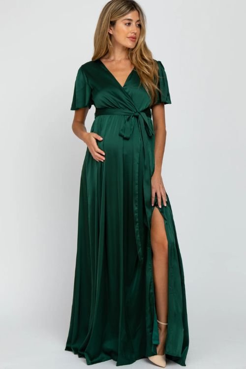 Green satin maternity maxi dress with side slit