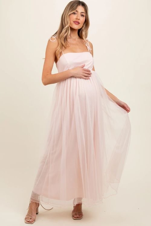 Light pink square neck shoulder tie tulle maternity maxi dress