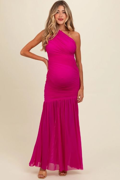 Magenta ruched mesh one shoulder maternity maxi dress