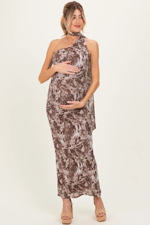 Mocha printed halter maternity maxi dress