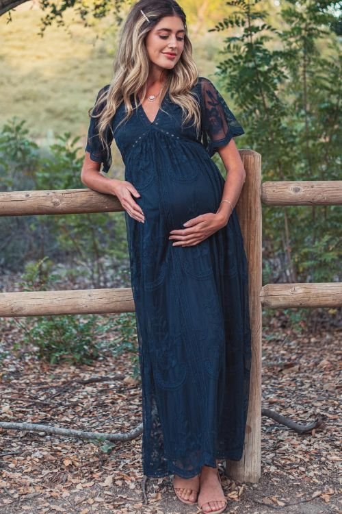 Navy blue lace mesh overlay maternity maxi dress