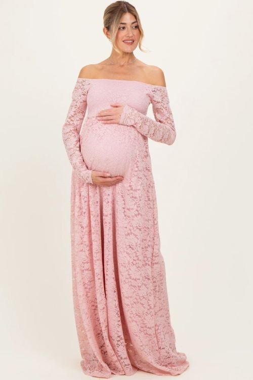 Light pink floral lace off shoulder maternity maxi dress